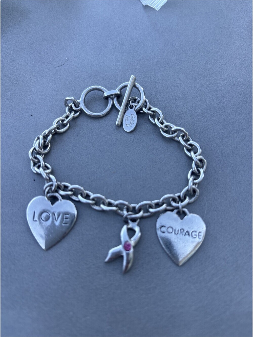 COOKIE LEE silvertone pink HOPE COURAGE Breast Cancer AWARENESS charm bracelet